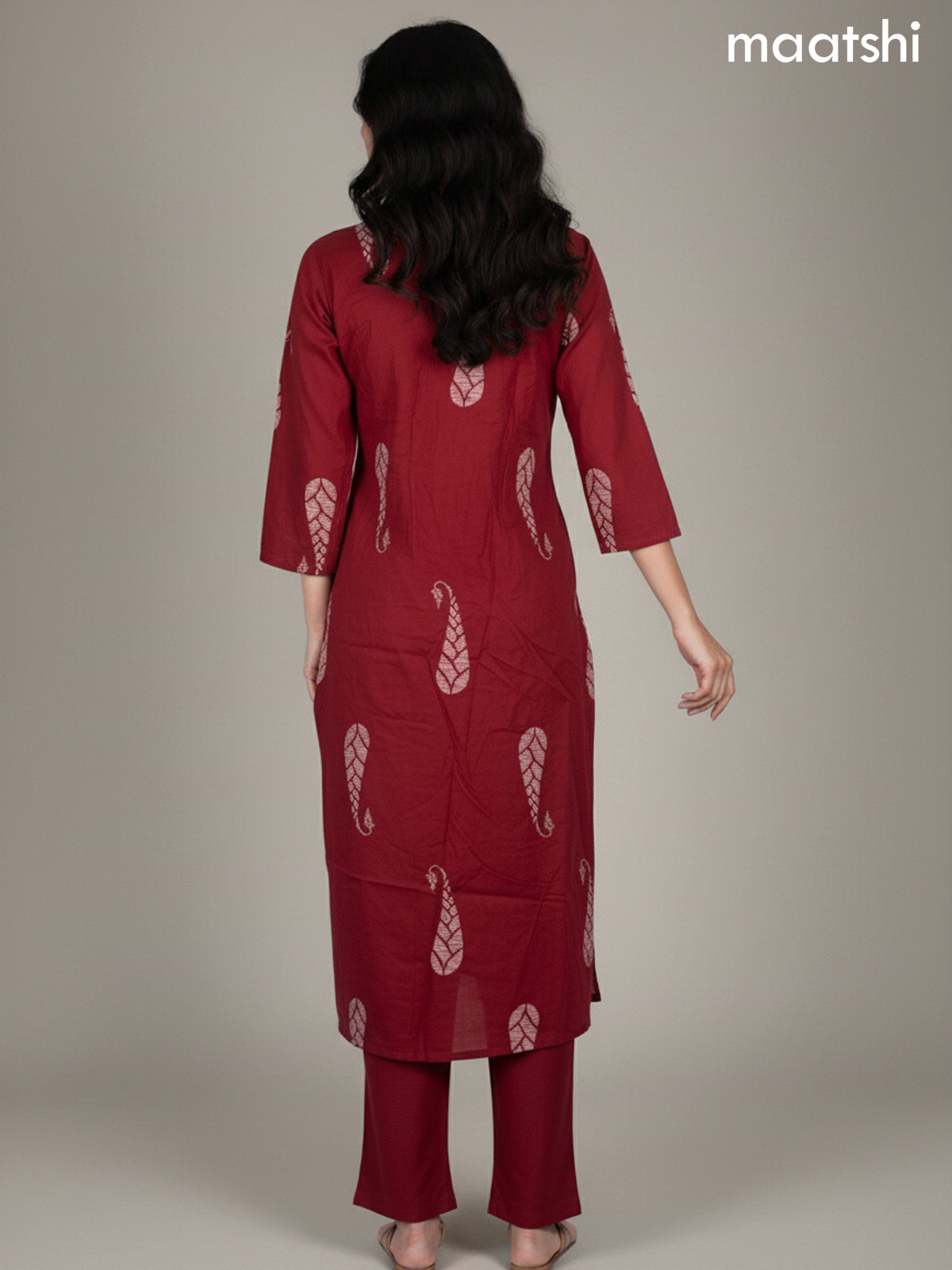 Maroon Cotton Printed Straight Suit