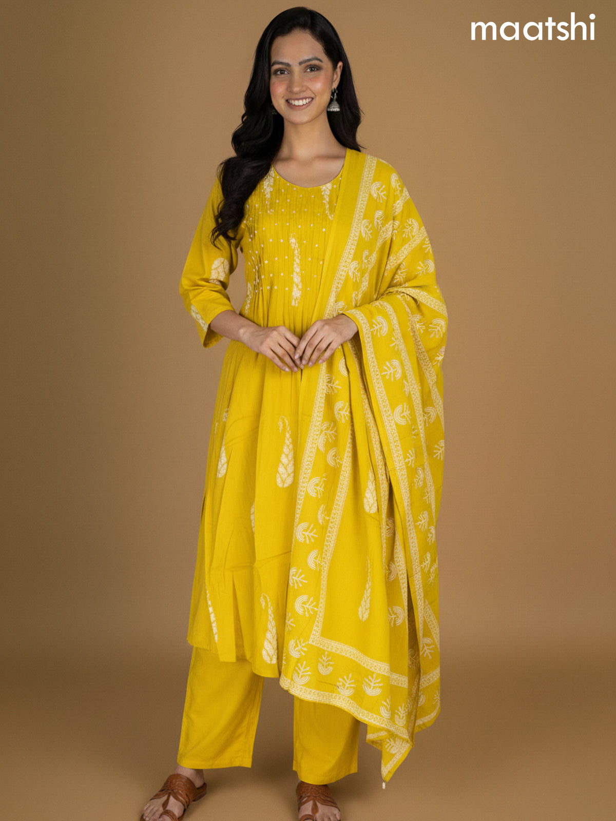 Mustard Yellow Cotton Printed Straight Suit