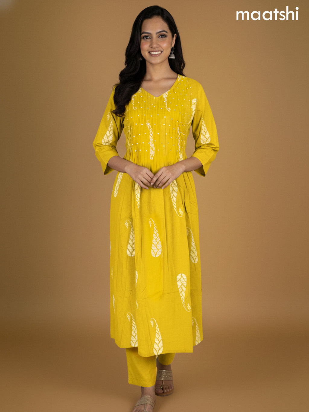 Mustard Yellow Cotton Printed Straight Suit