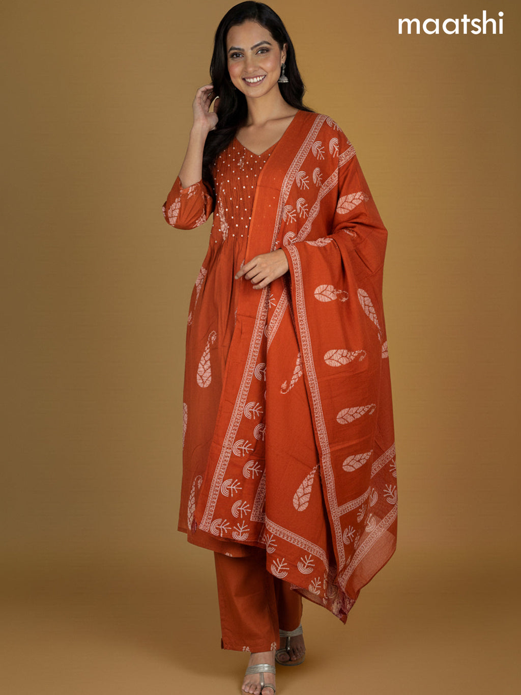 Rust Shade Cotton Printed Straight Suit