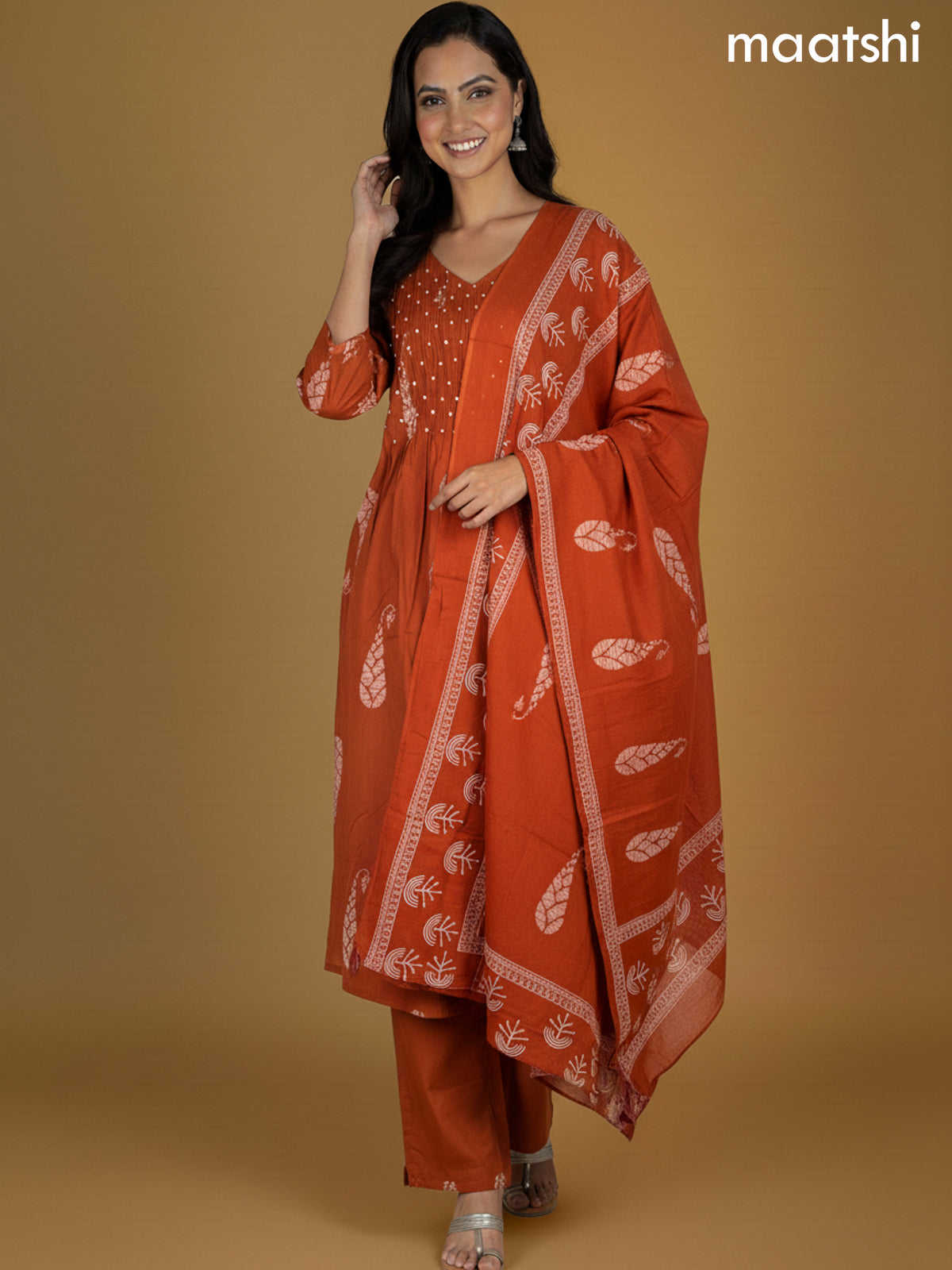 Rust Shade Cotton Printed Straight Suit