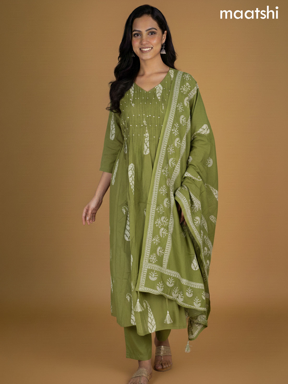 Green Cotton Printed Straight Suit