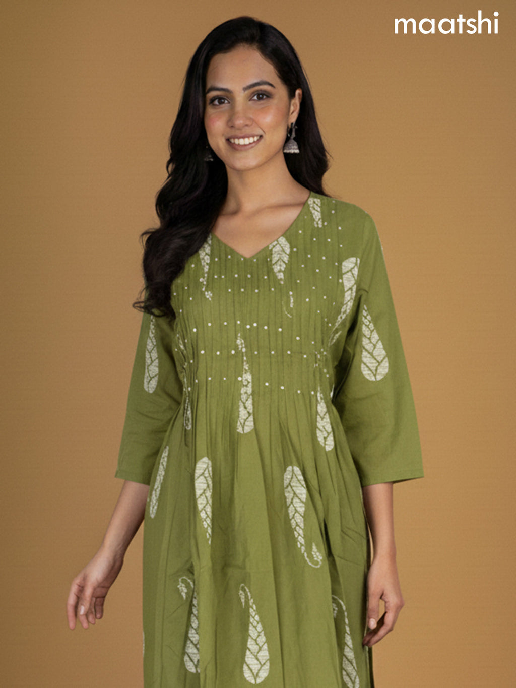 Green Cotton Printed Straight Suit