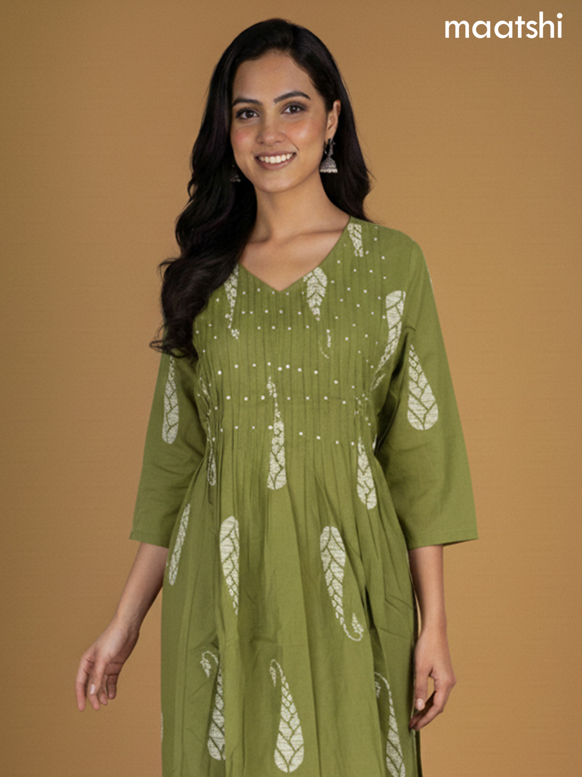 Green Cotton Printed Straight Suit