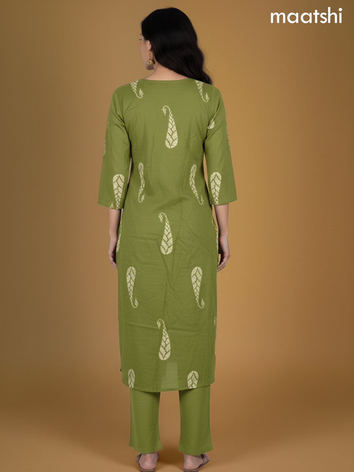 Green Cotton Printed Straight Suit