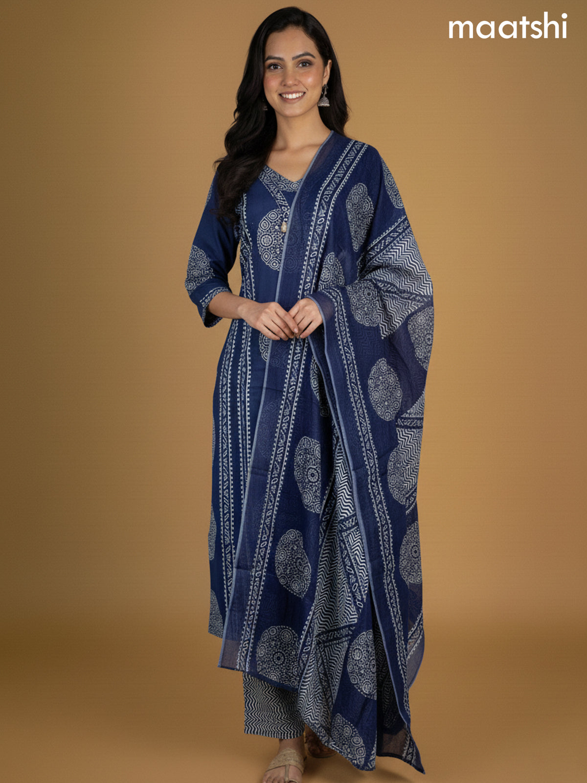 Blue Cotton Ajrakh Printed Straight Suit