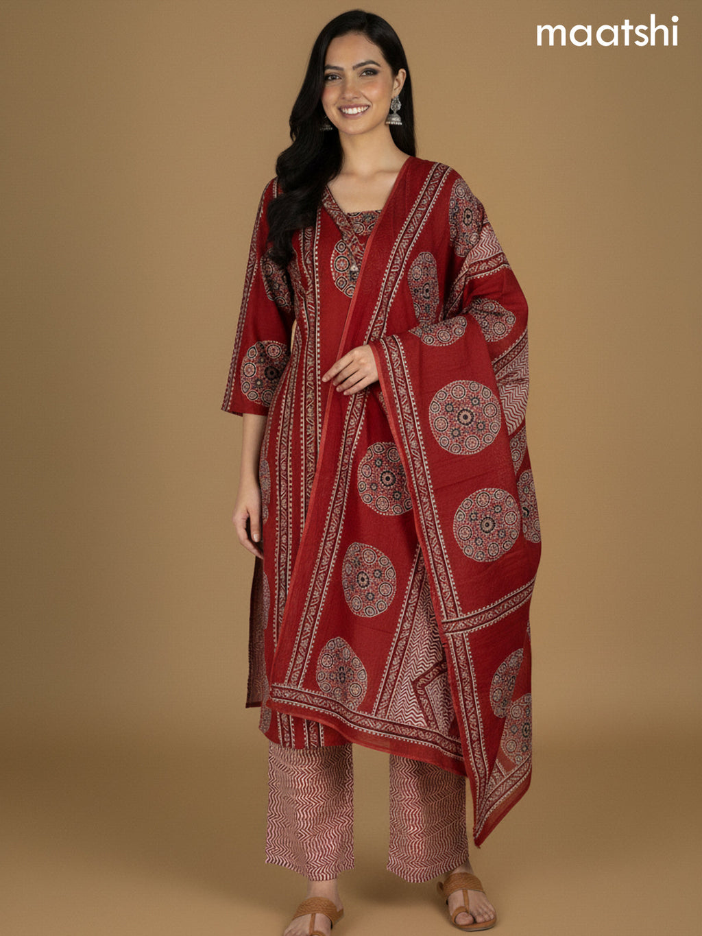 Maroon Cotton Ajrakh Printed Straight Suit