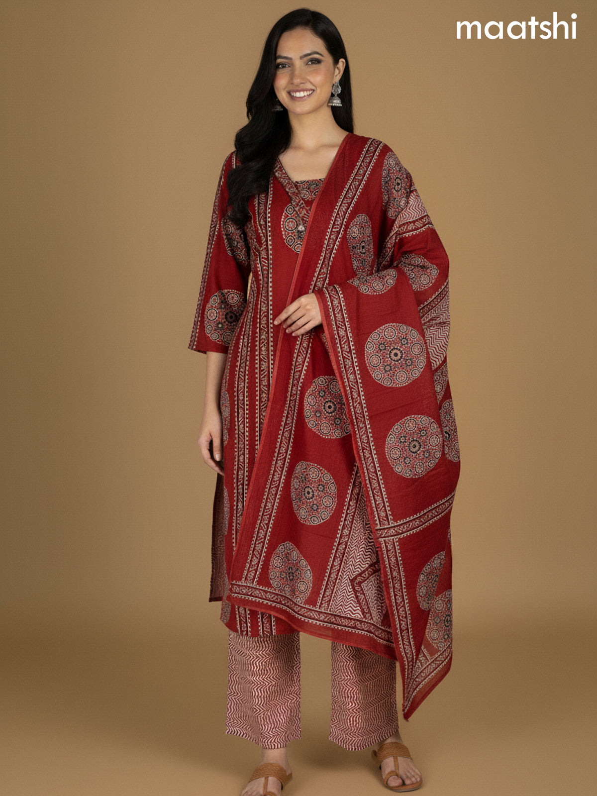 Maroon Cotton Ajrakh Printed Straight Suit