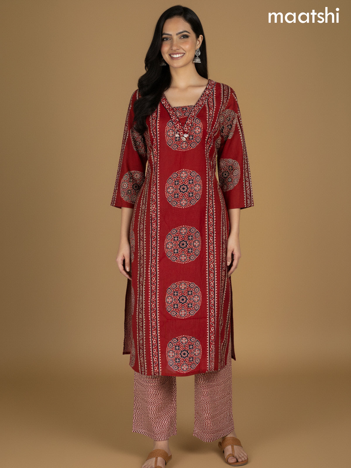 Maroon Cotton Ajrakh Printed Straight Suit