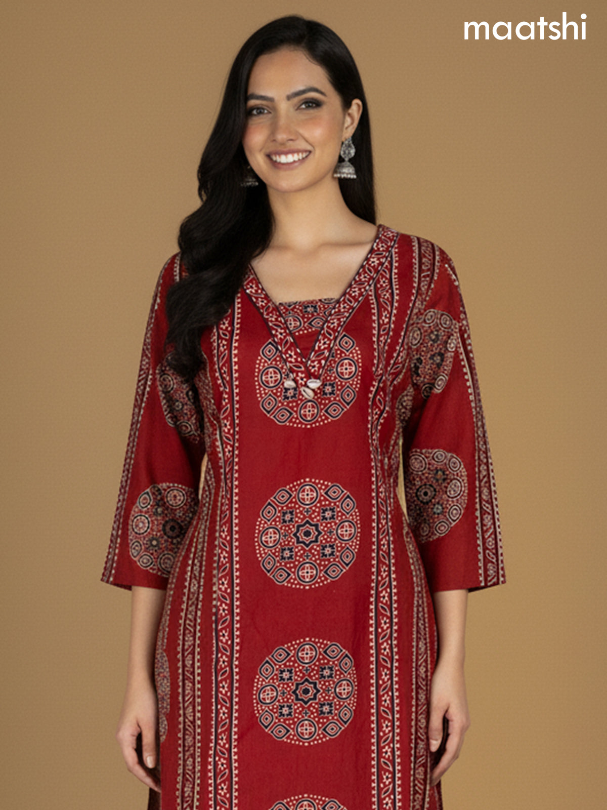 Maroon Cotton Ajrakh Printed Straight Suit
