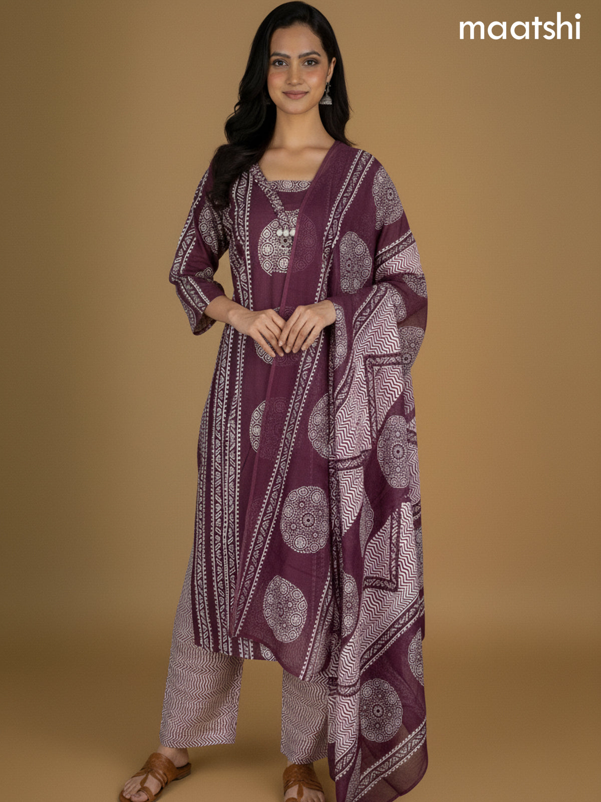 Wine Shade Cotton Ajrakh Printed Straight Suit
