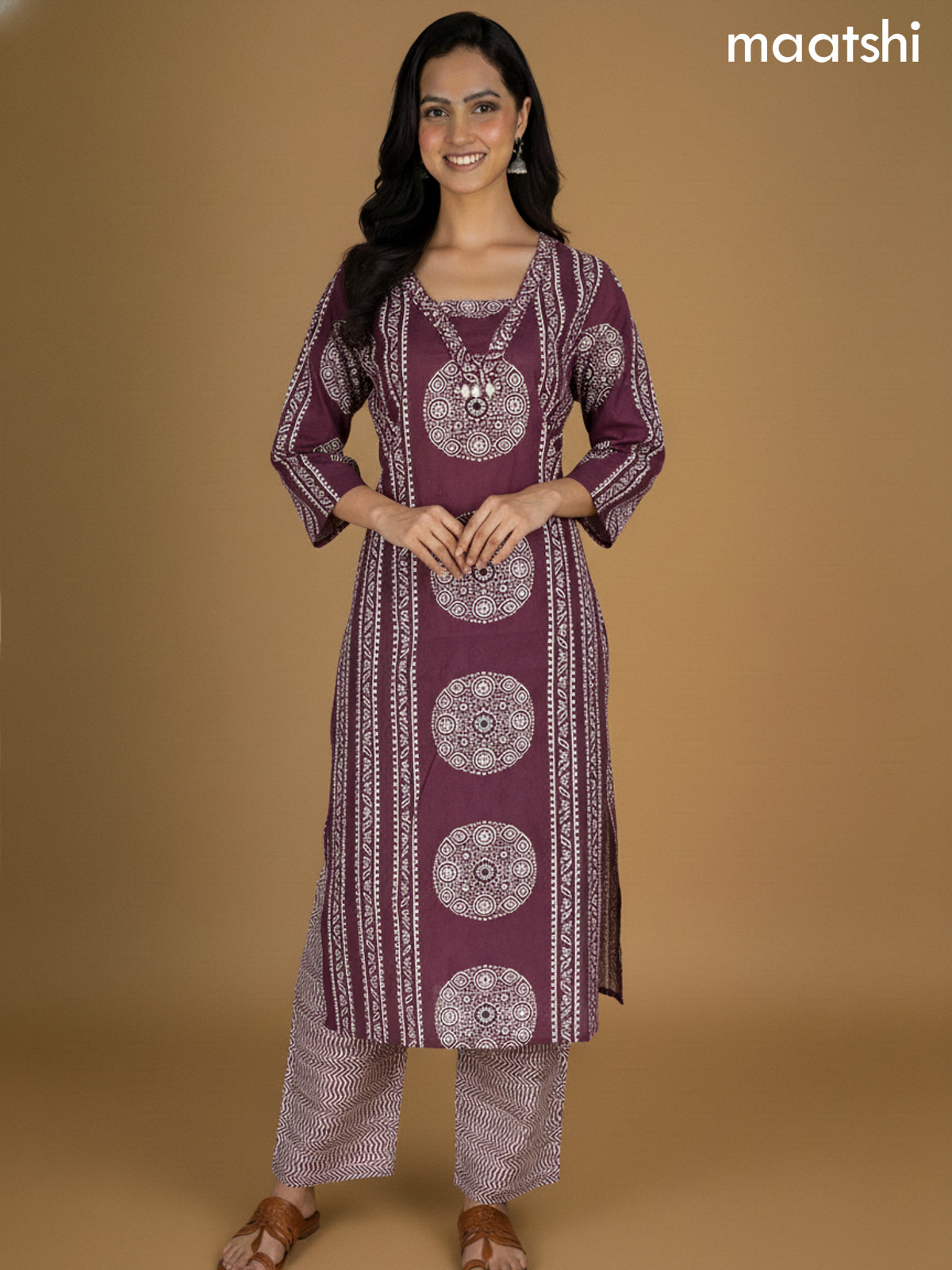Wine Shade Cotton Ajrakh Printed Straight Suit