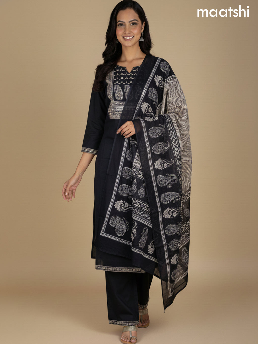Black Cotton Printed Neck Pattern Straight Suit