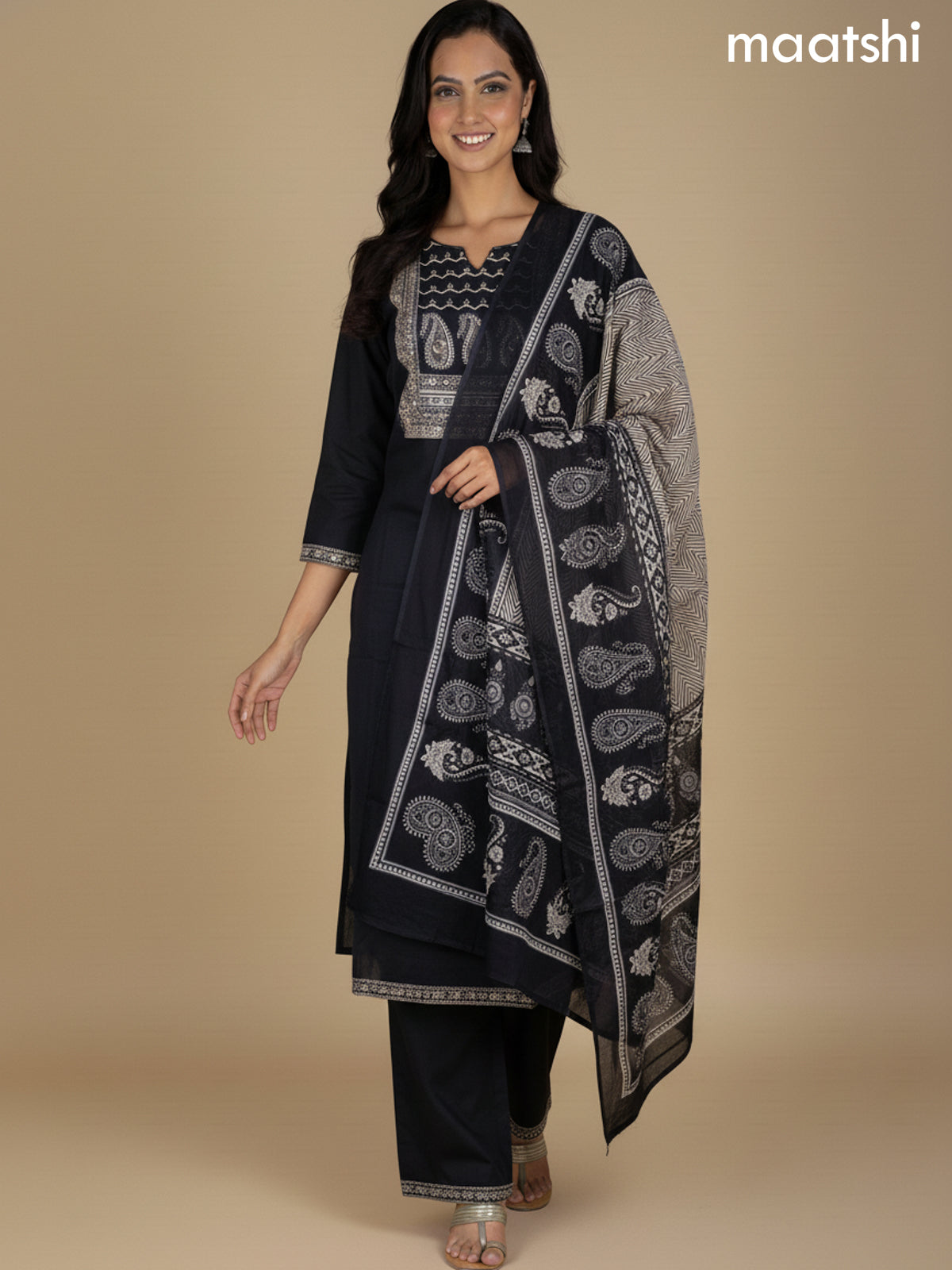Black Cotton Printed Neck Pattern Straight Suit