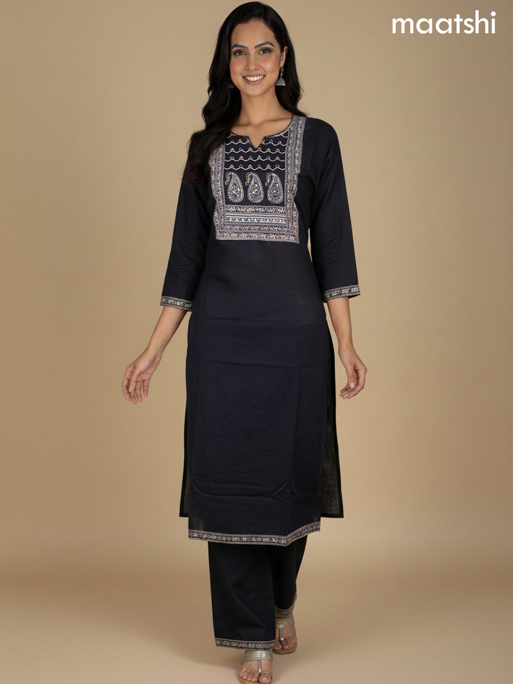 Black Cotton Printed Neck Pattern Straight Suit
