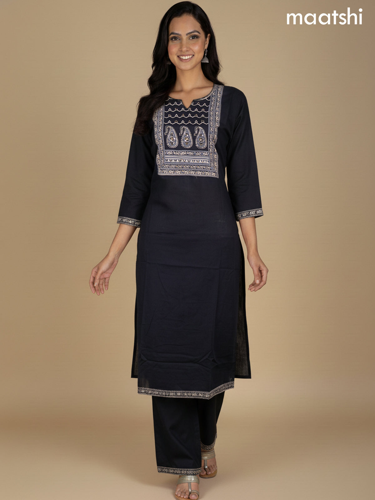 Black Cotton Printed Neck Pattern Straight Suit