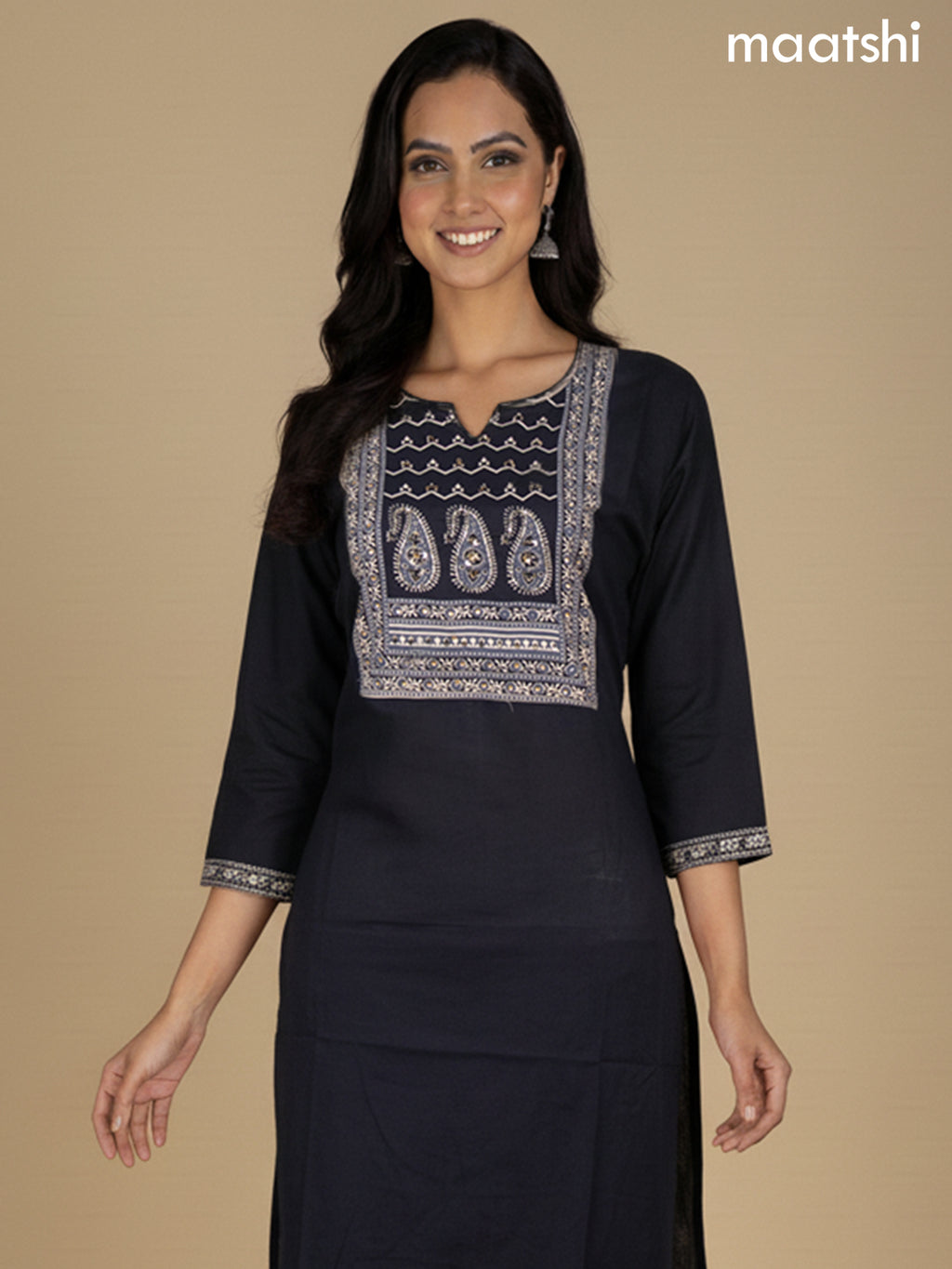 Black Cotton Printed Neck Pattern Straight Suit