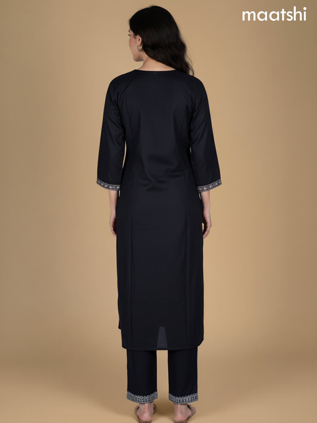 Black Cotton Printed Neck Pattern Straight Suit