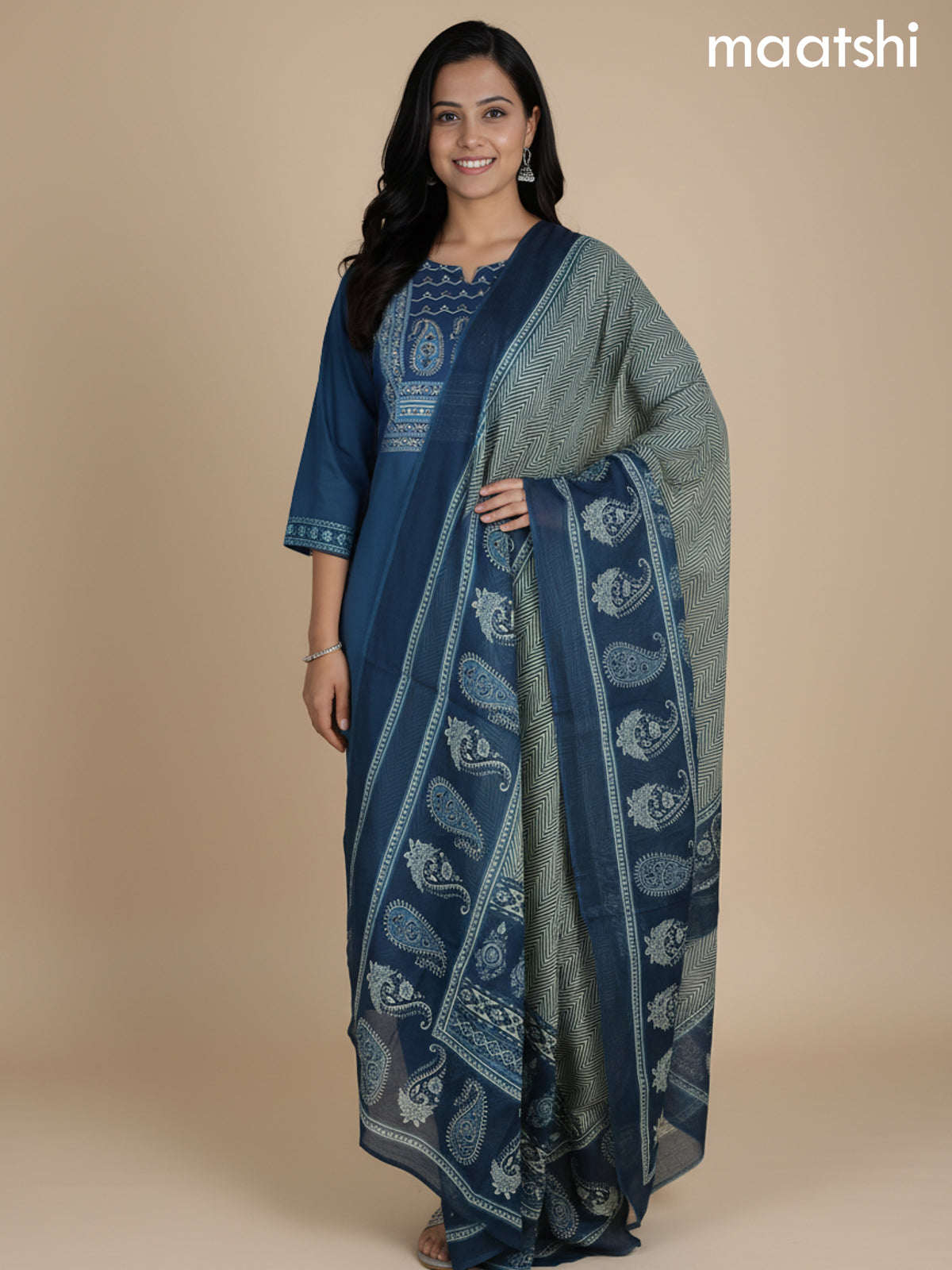 Peacock Green Cotton Printed Neck Pattern Straight Suit