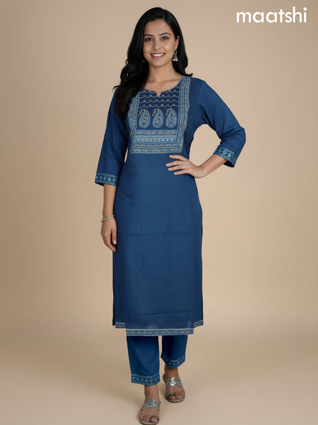 Peacock Green Cotton Printed Neck Pattern Straight Suit