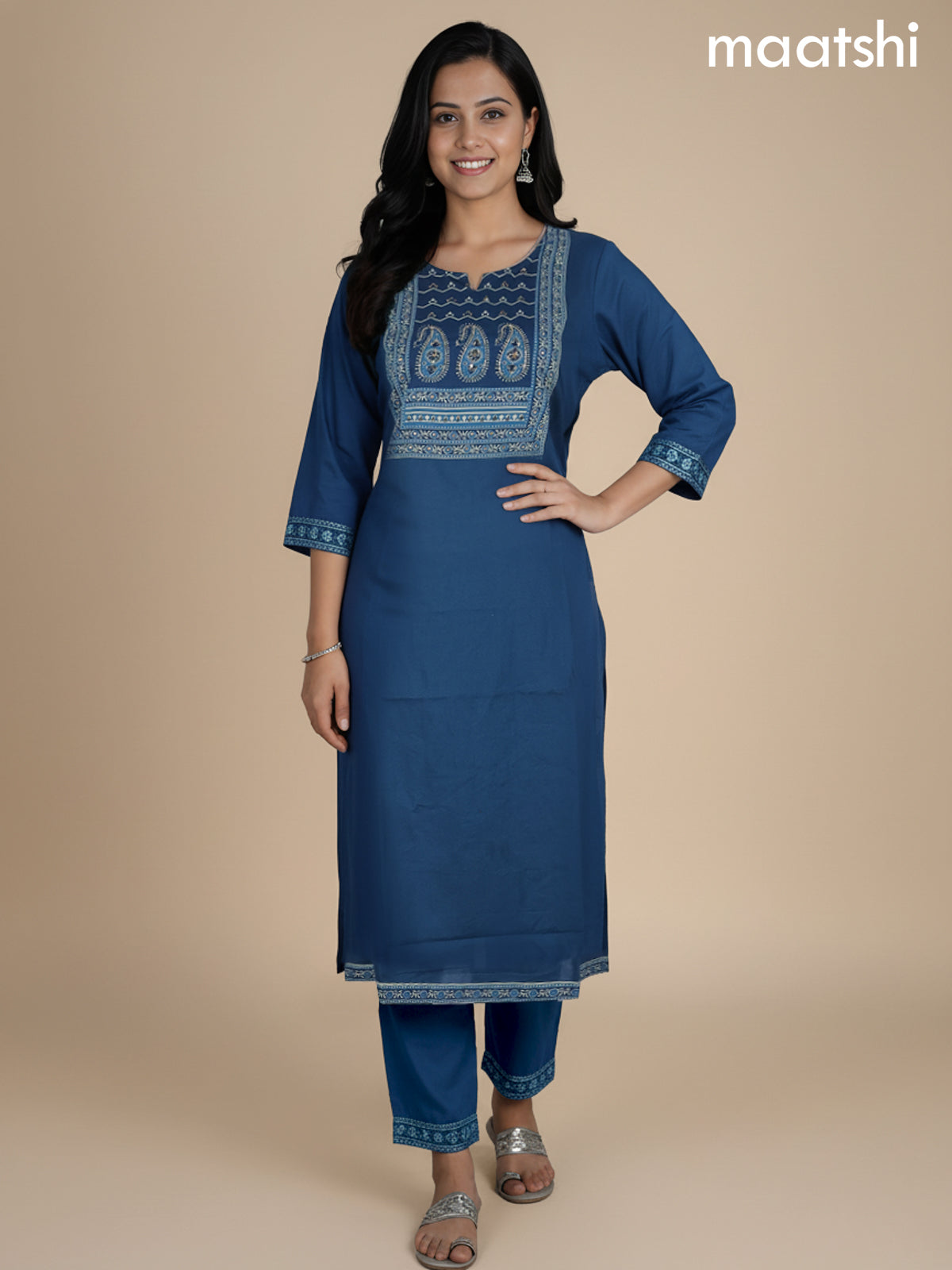 Peacock Green Cotton Printed Neck Pattern Straight Suit