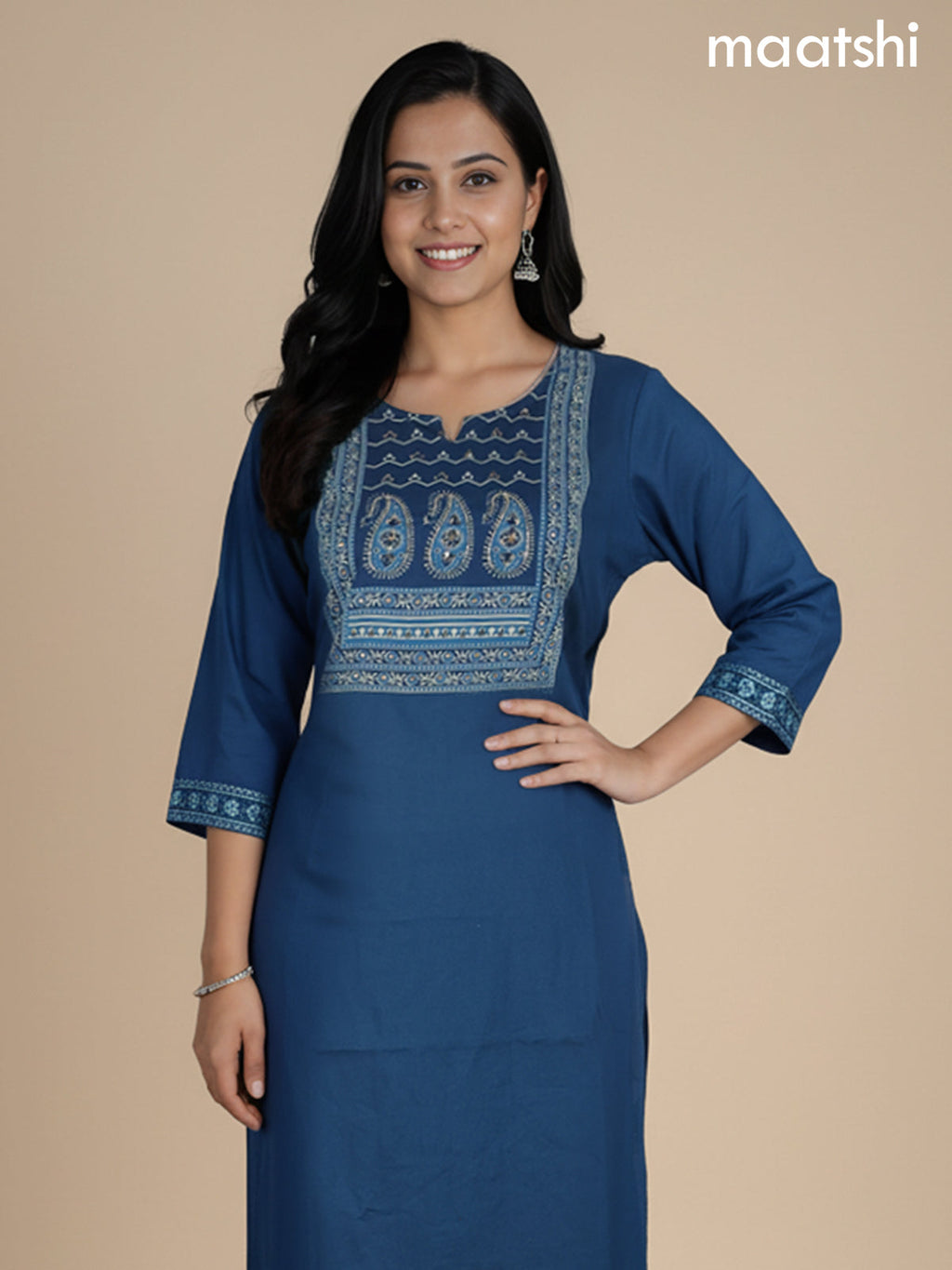 Peacock Green Cotton Printed Neck Pattern Straight Suit