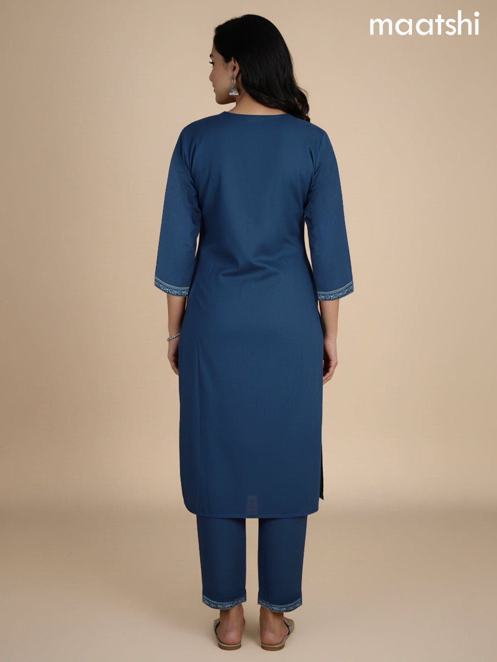 Peacock Green Cotton Printed Neck Pattern Straight Suit