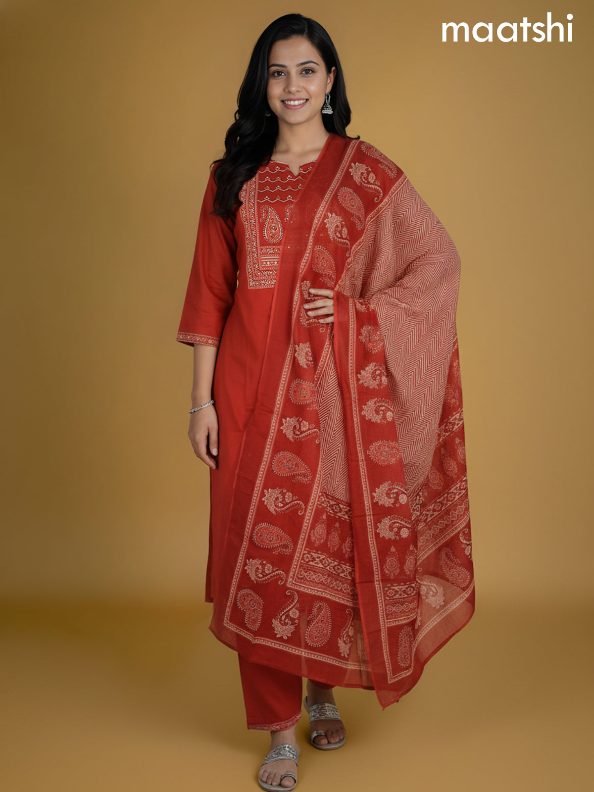 Rust Shade Cotton Printed Neck Pattern Straight Suit