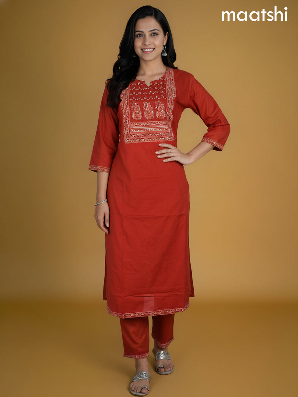 Rust Shade Cotton Printed Neck Pattern Straight Suit