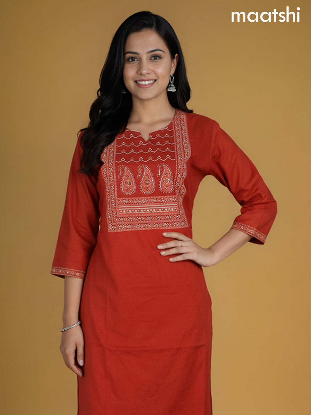 Rust Shade Cotton Printed Neck Pattern Straight Suit