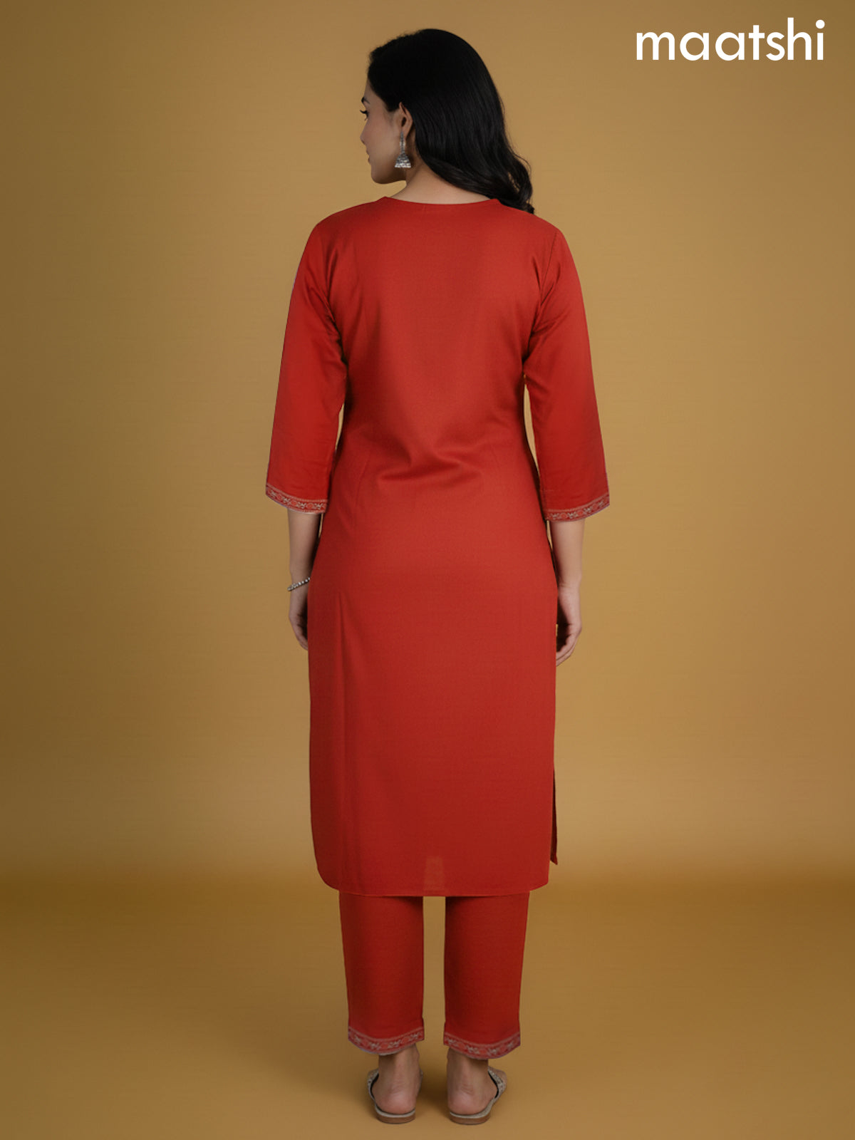 Rust Shade Cotton Printed Neck Pattern Straight Suit