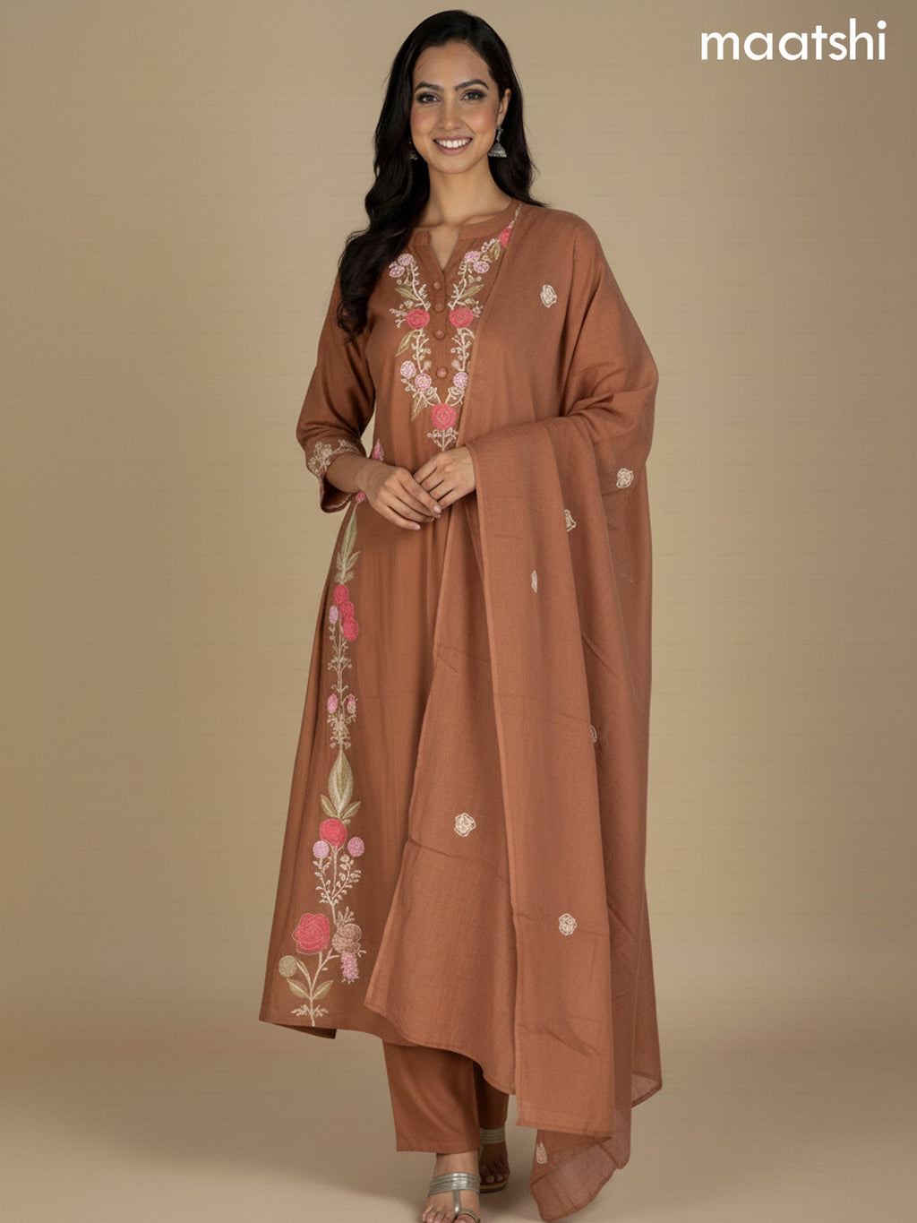 Brown Cotton Embroidery Work A-Line Suit