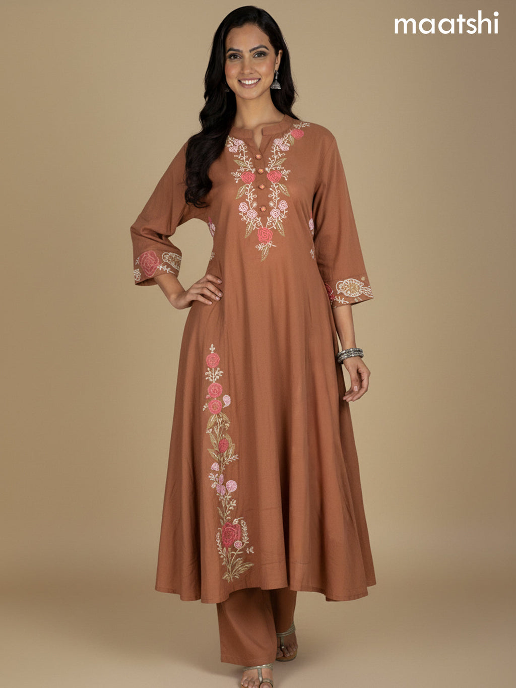 Brown Cotton Embroidery Work A-Line Suit