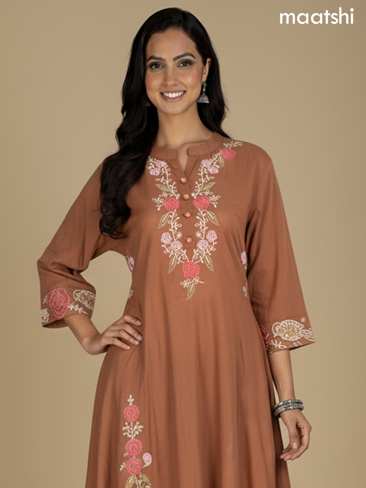 Brown Cotton Embroidery Work A-Line Suit