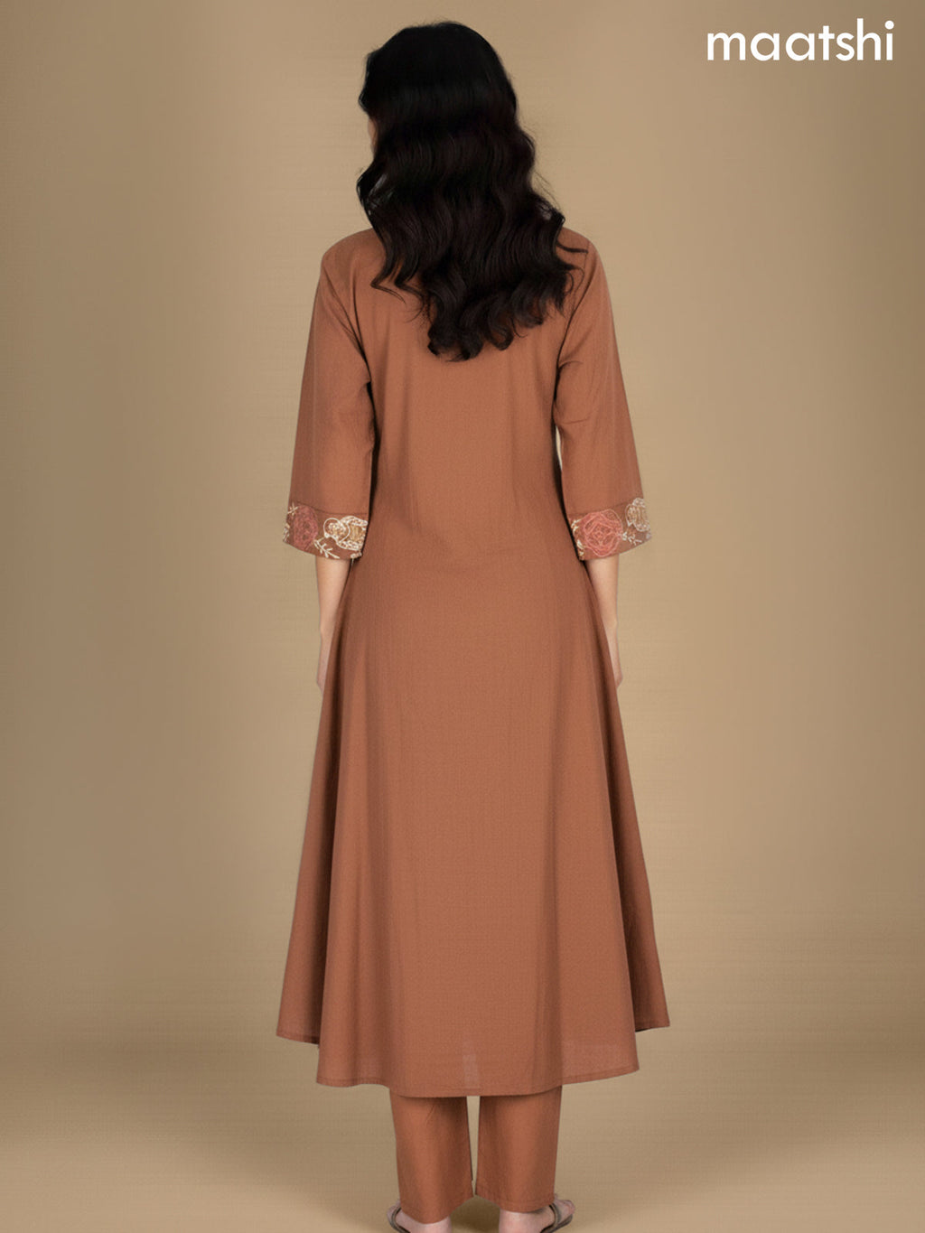 Brown Cotton Embroidery Work A-Line Suit