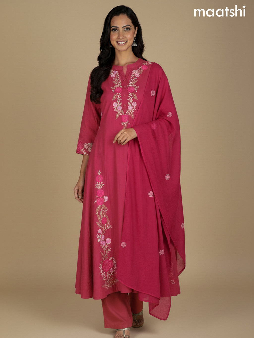 Pink Cotton Embroidery Work A-Line Suit