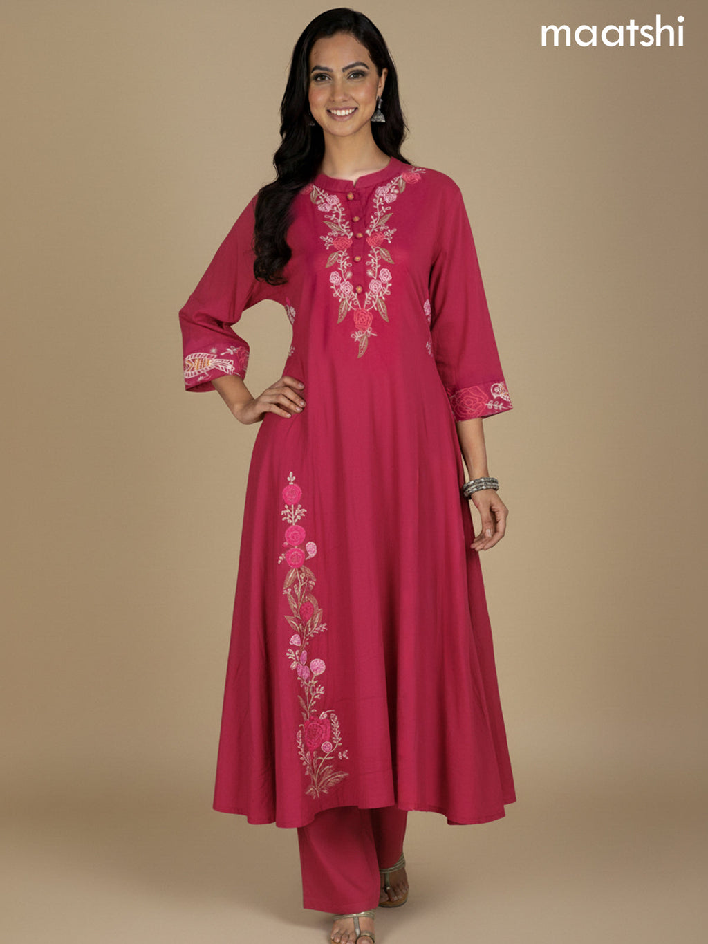 Pink Cotton Embroidery Work A-Line Suit