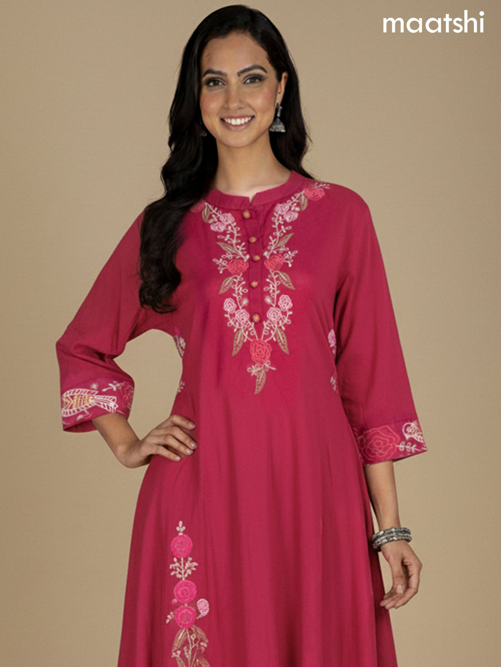 Pink Cotton Embroidery Work A-Line Suit