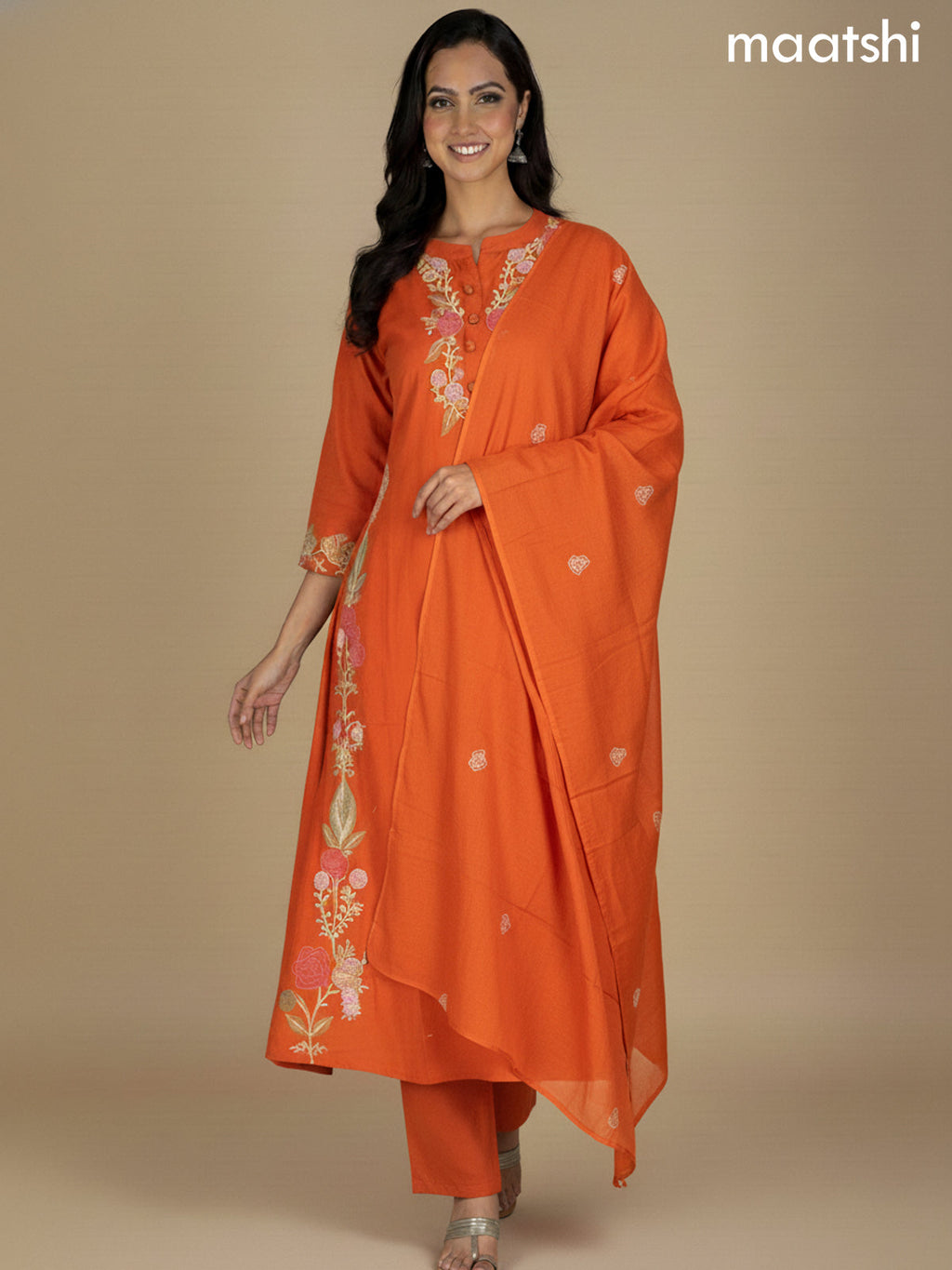 Rust Shade Cotton Embroidery Work A-Line Suit