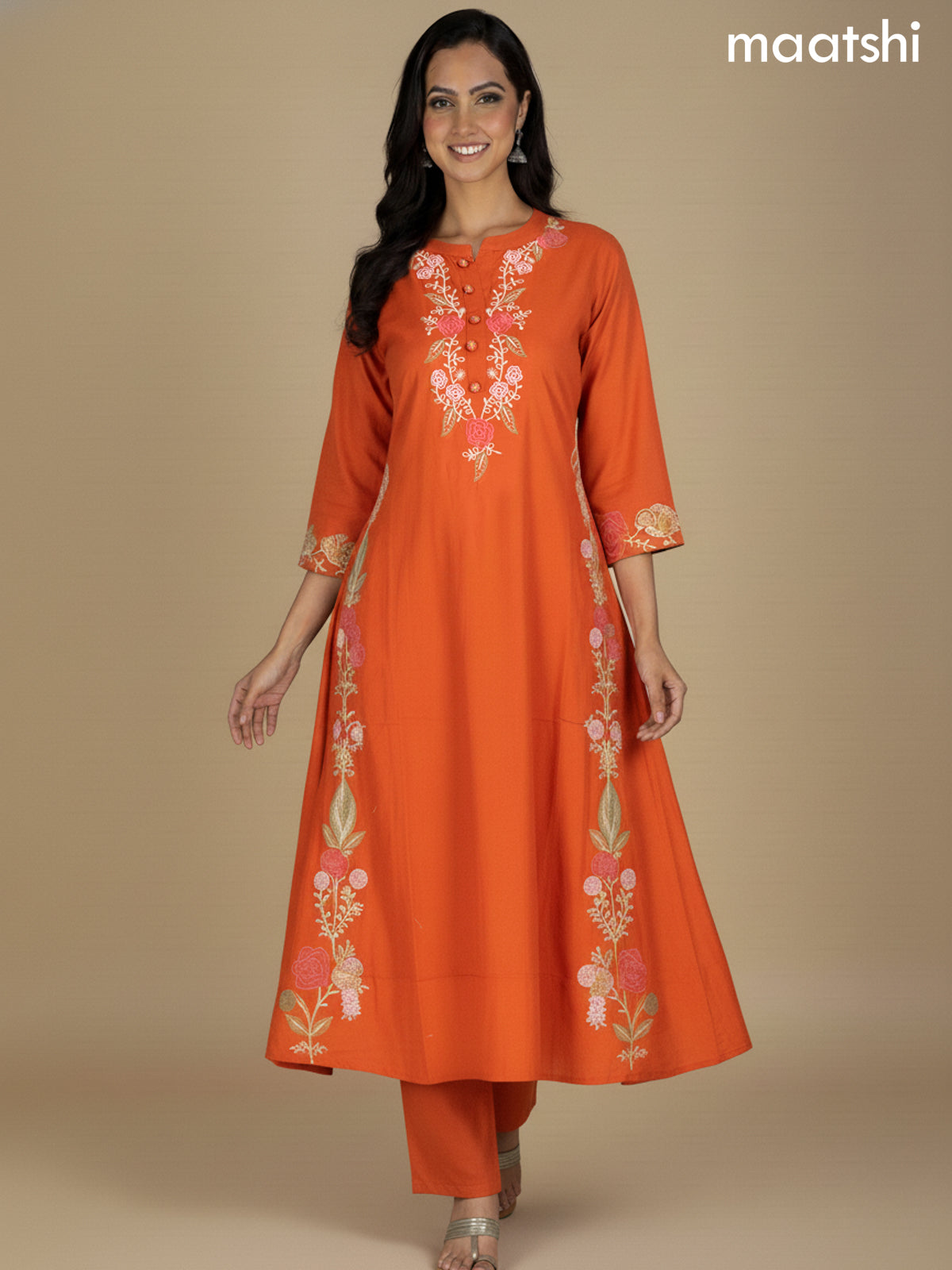 Rust Shade Cotton Embroidery Work A-Line Suit