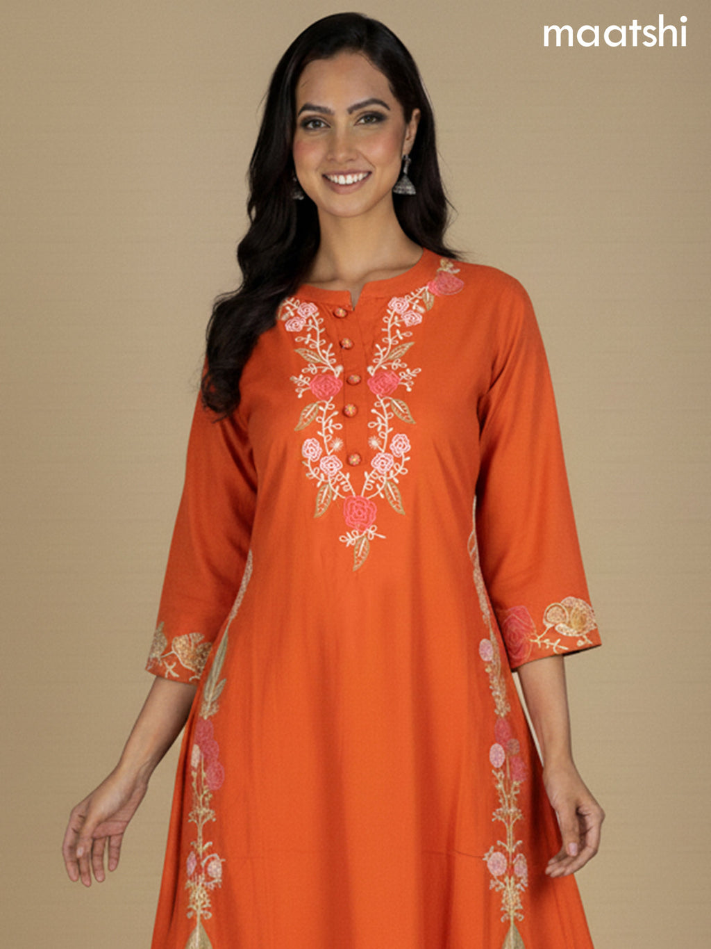 Rust Shade Cotton Embroidery Work A-Line Suit