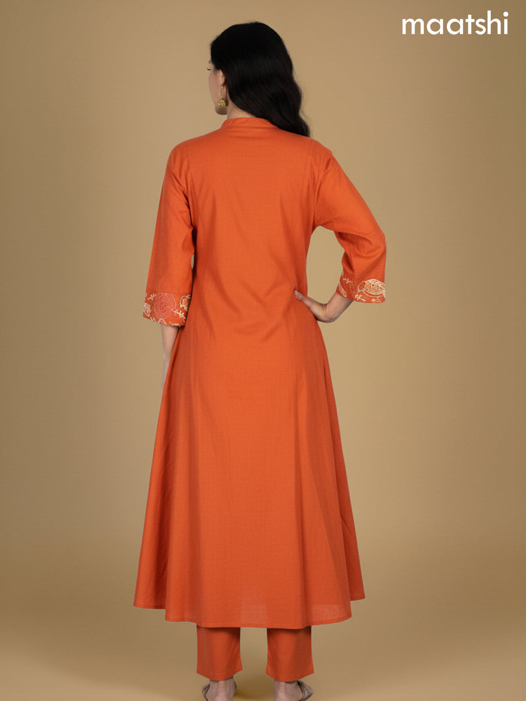 Rust Shade Cotton Embroidery Work A-Line Suit