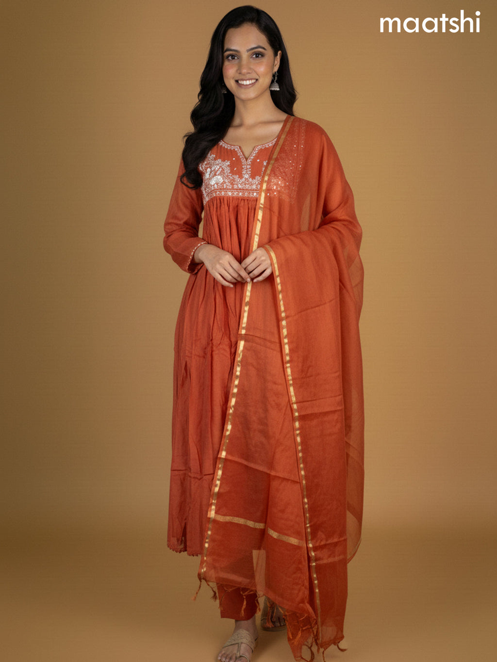 Rust Shade Mul Chanderi Beaded Work Neck Pattern Anarkali Suit