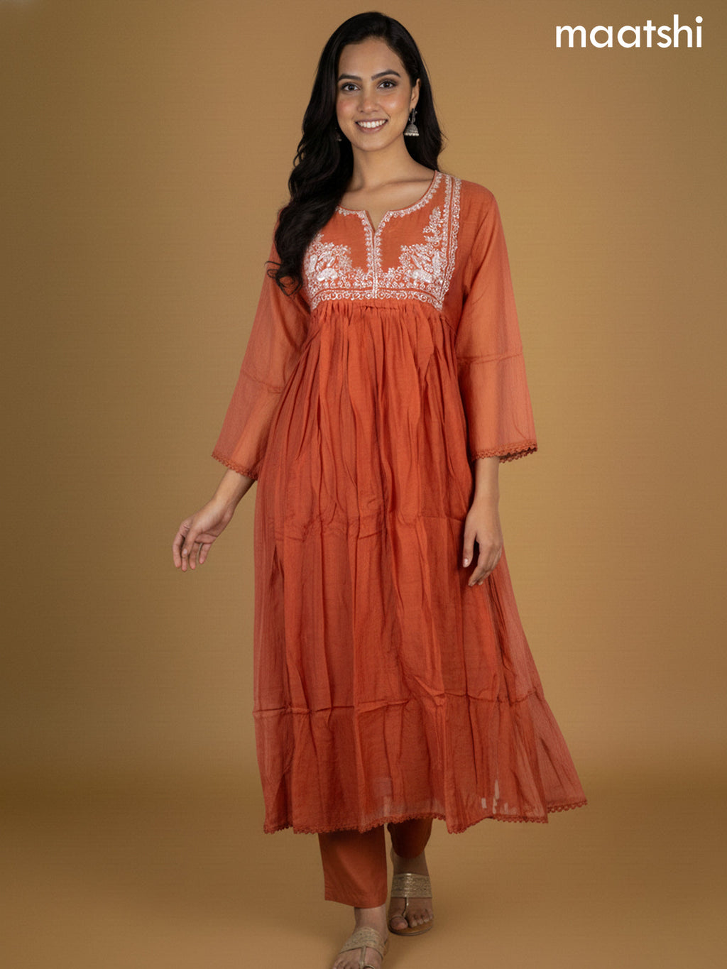 Rust Shade Mul Chanderi Beaded Work Neck Pattern Anarkali Suit