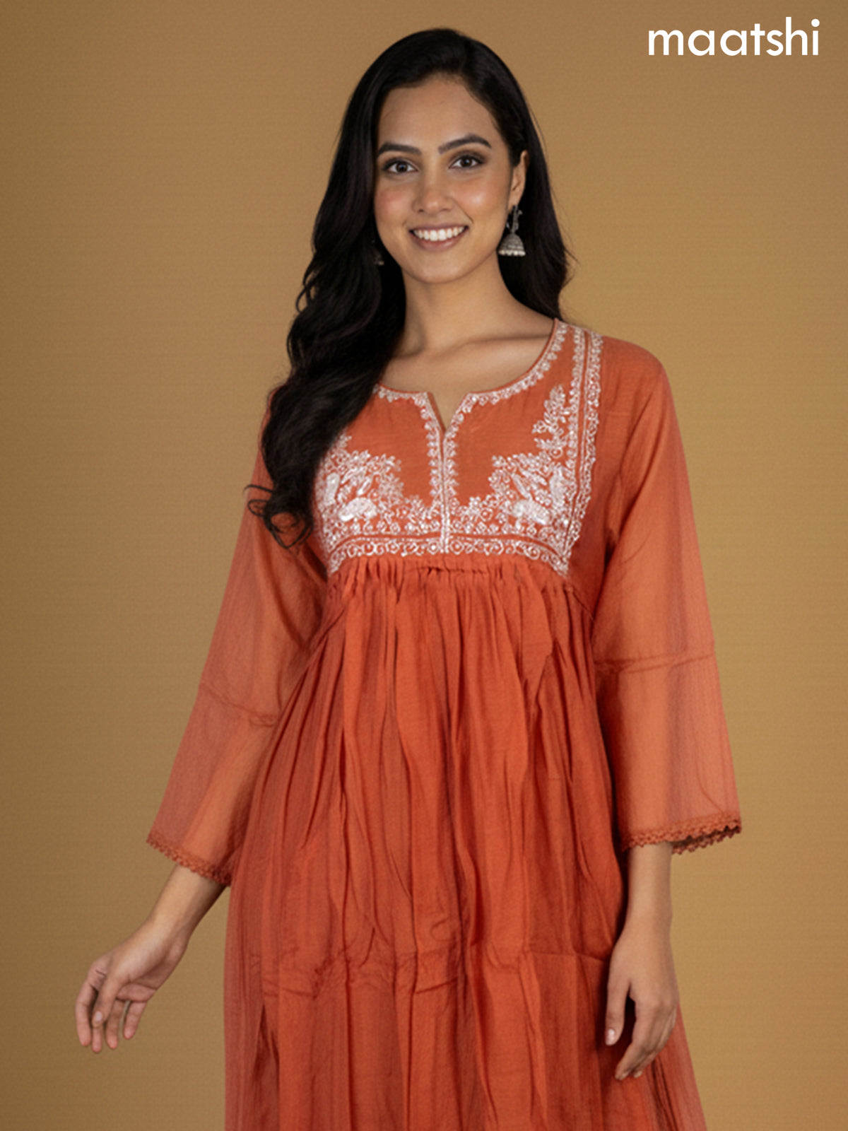 Rust Shade Mul Chanderi Beaded Work Neck Pattern Anarkali Suit