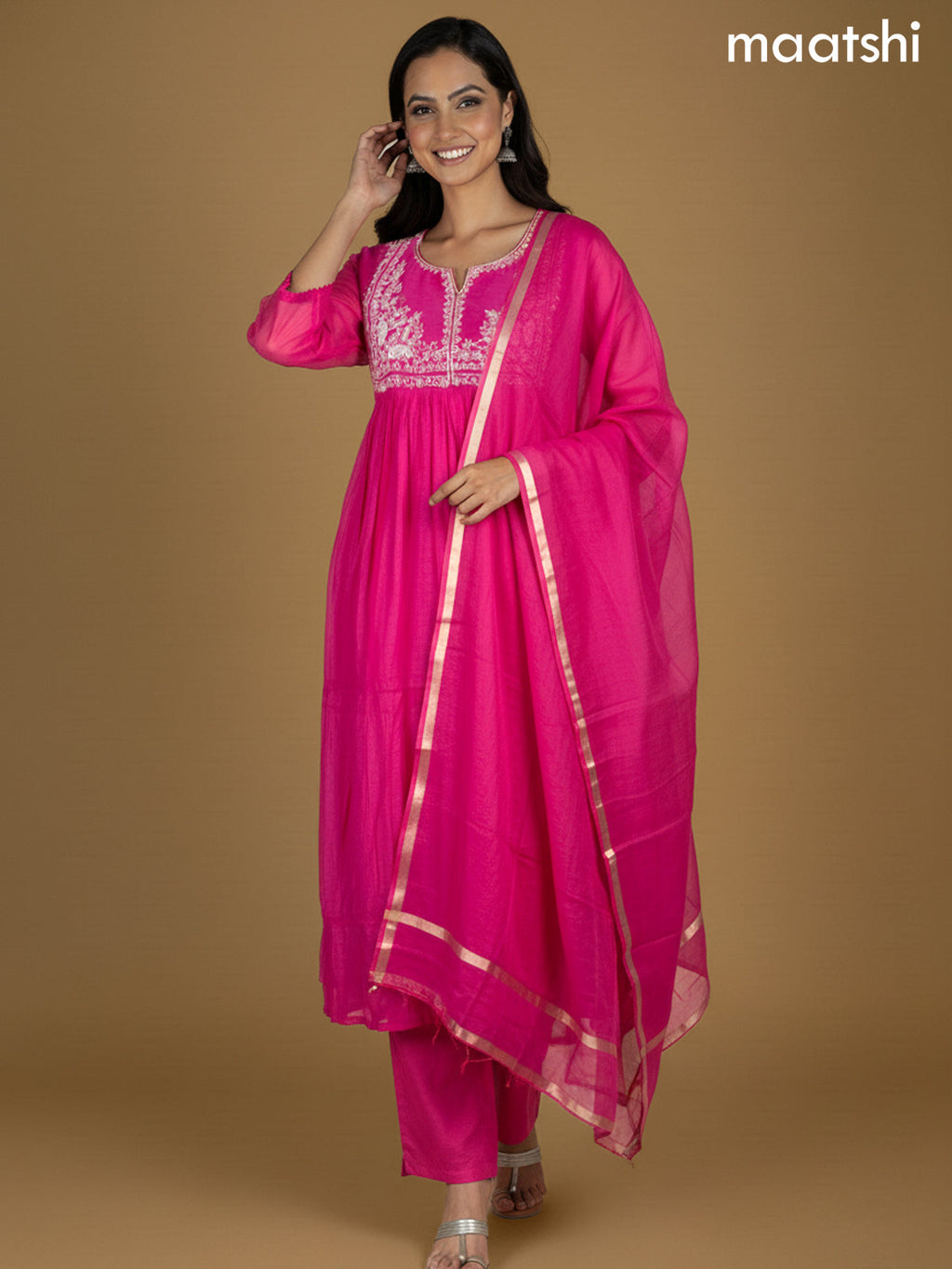 Pink Mul Chanderi Beaded Work Neck Pattern Anarkali Suit