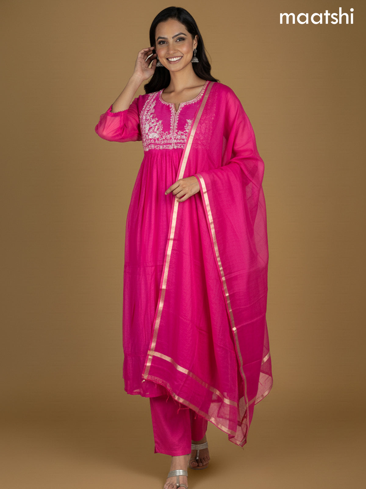 Pink Mul Chanderi Beaded Work Neck Pattern Anarkali Suit