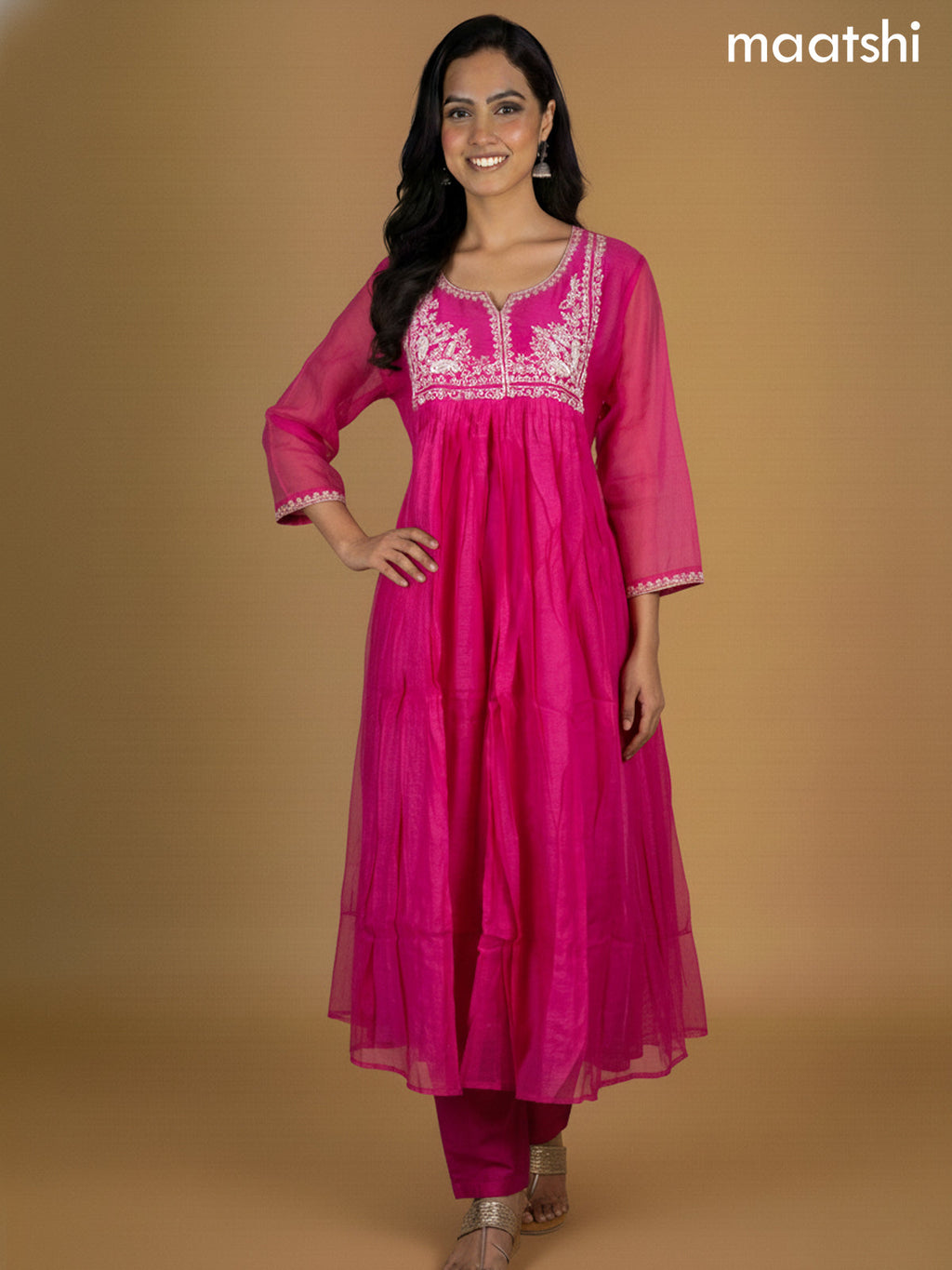 Pink Mul Chanderi Beaded Work Neck Pattern Anarkali Suit