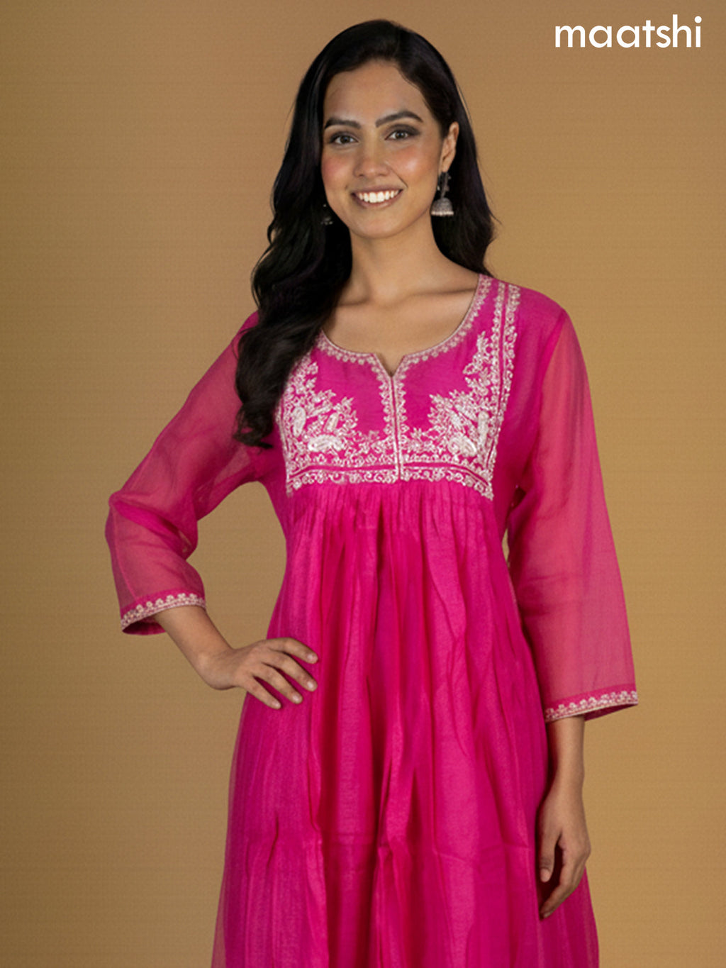 Pink Mul Chanderi Beaded Work Neck Pattern Anarkali Suit