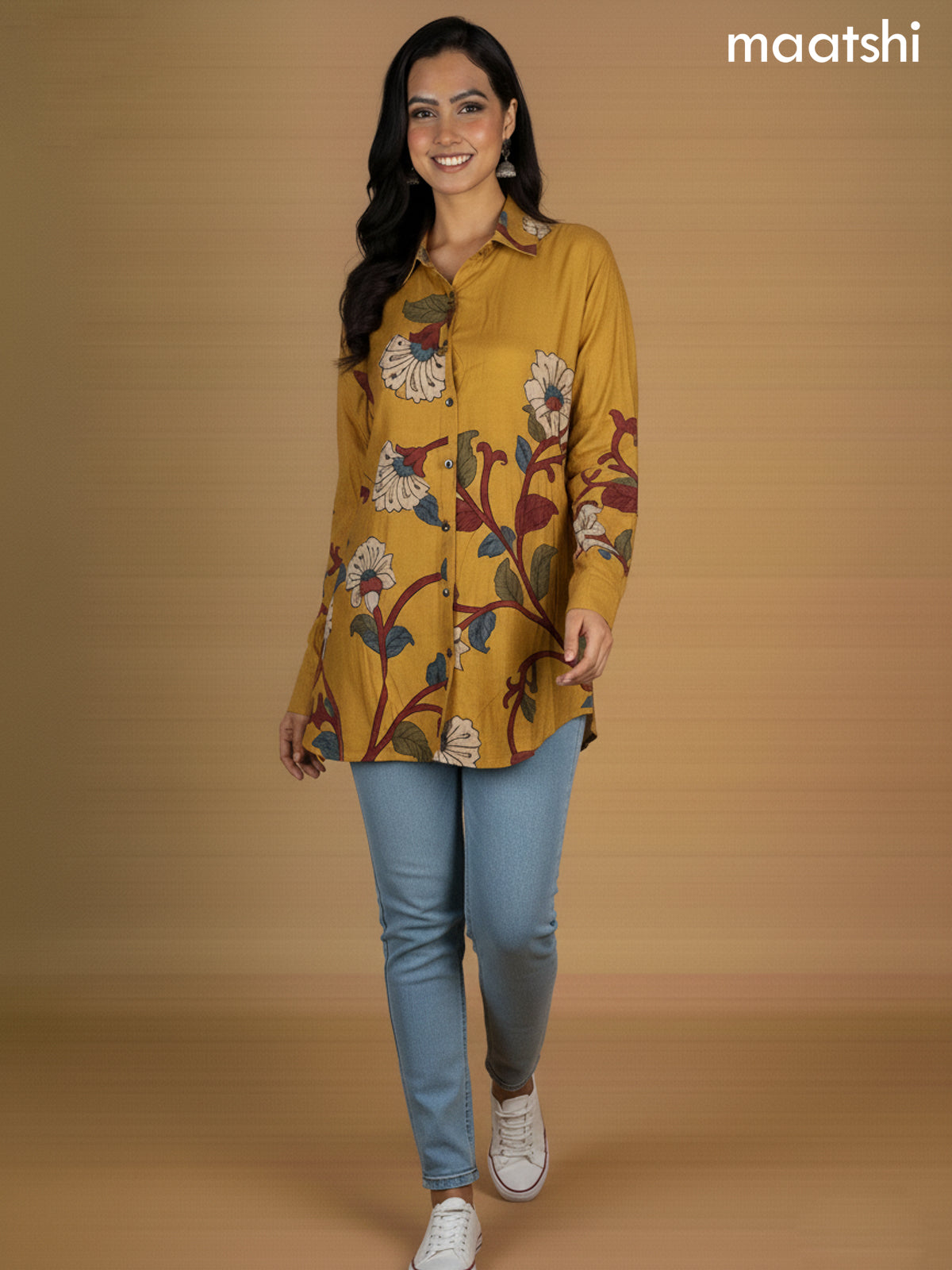 Mustard Shade Muslin Kalamkari Printed Women Shirt
